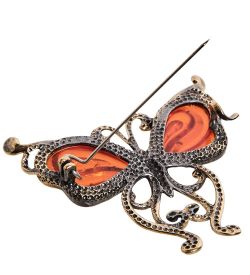 AM-2547 Брошь «Бабочка Хрустальная» (латунь, янтарь)