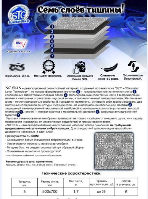 Шумоизоляция вибропоглощ. Noice Control Skin 5,0 (0,50х0,70) (уп. 6 л.) сэндвич (Standart Group)