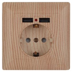 Розетка Intro Solo 4-410-11 с заземлением P+E Schuko со шторками, 16А-250В + 2хUSB, IP20, СУ, сосна