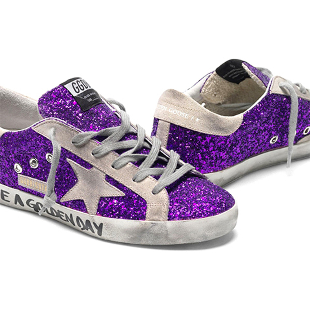 Кеды Женские GOLDEN GOOSE 'SUPERSTAR' with purple glitter and lettering on the foxing