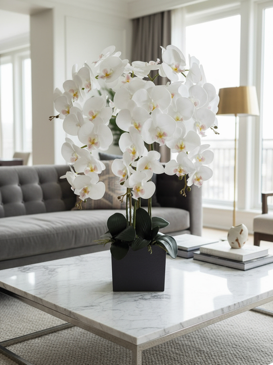 Искусственные Орхидеи белые 5 веток 75см в кашпо Лофт