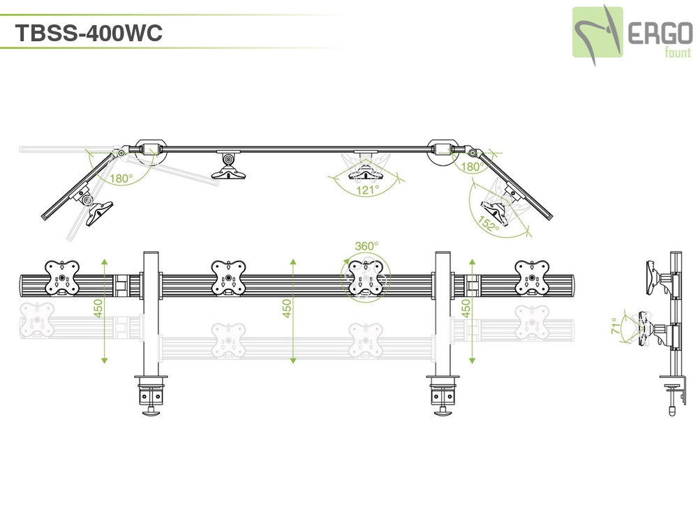ErgoFount TBSS-400WC Настольное крепление для 4 мониторов диагональю до 24'' конфигурации 1х4 с зажимом к столу типа "С". Цвет - серебристый