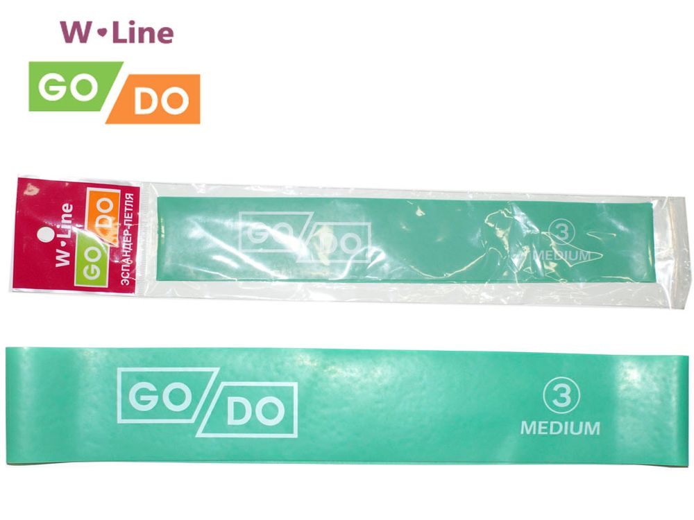 Эспандер-петля GO DO W-Line (3). Цвет: зелёный. Длина в сложенном виде 30,5 см. Ширина 5 см. Толщина 0,7 мм. W-650-0.7