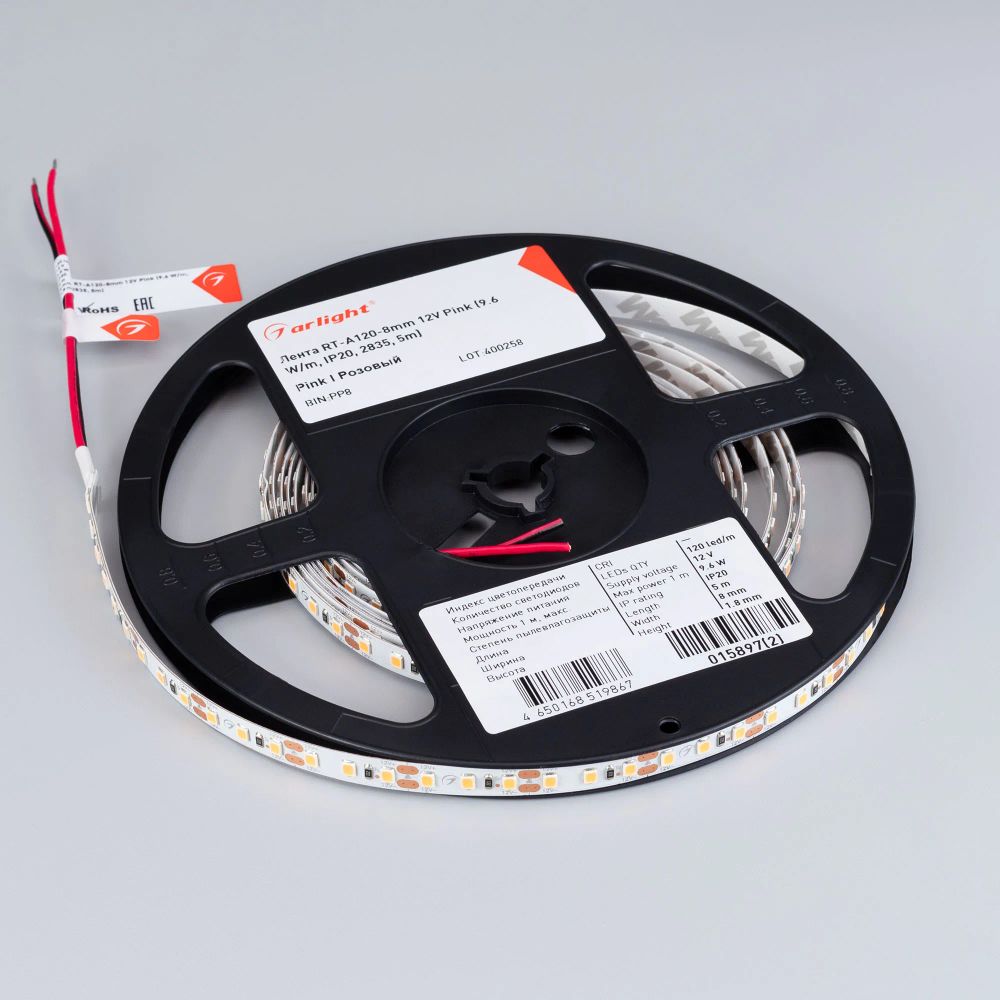 Светодиодная лента RT-A120-8mm 12V Pink (9.6 W/m, IP20, 2835, 5m) (Arlight, Открытый) 015897(2)