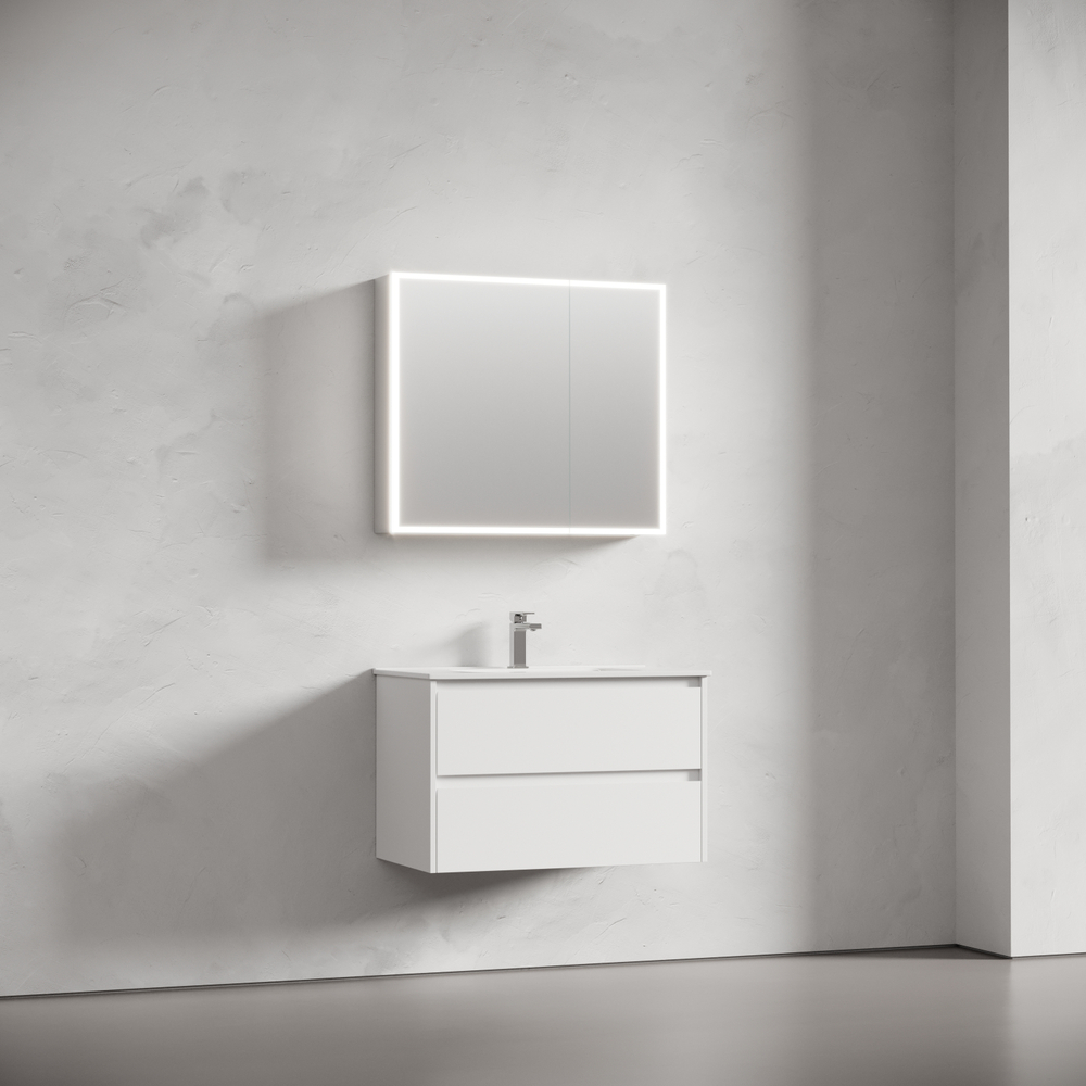 Зеркальный шкаф для ванной комнаты из алюминия Sancos Evoke 800x700х136 мм с LED подсветкой арт. SC8080