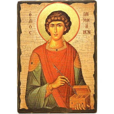 Пантелеймон Целитель. Икона под старину на дереве. 30 х 42 см.