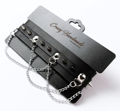 Черный чокер с шипами и металлическими цепочками (Цвет: черный)