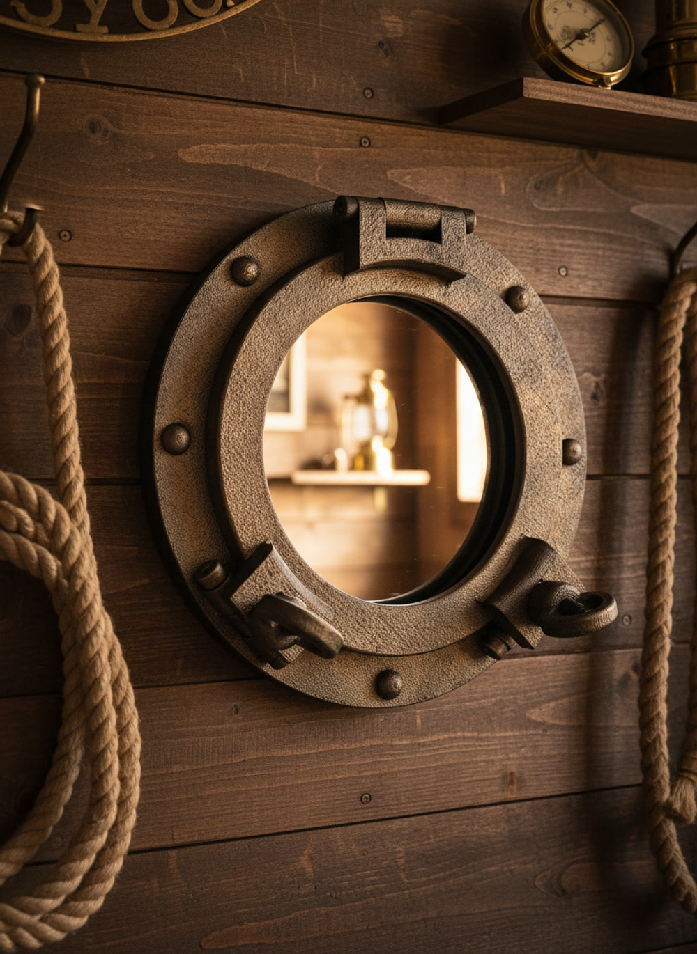 Настенное зеркало-иллюминатор WOODandROOT с латунной патиной на деревянной стене с канатами, акцент морского и корабельного декора.