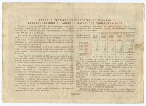 Облигация 100 рублей 1948 год. 3-ий заем восстановления и развития народного хозяйства. Серия № 046757. F-VF
