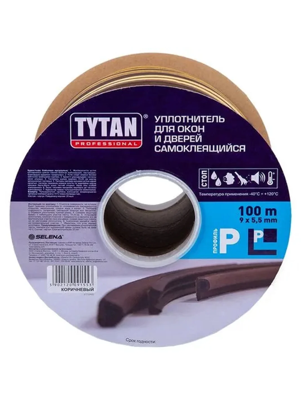 Уплотнитель для окон и дверей Tytan Professional p 100 м, 9x5.5 мм, черный 234909 91577
