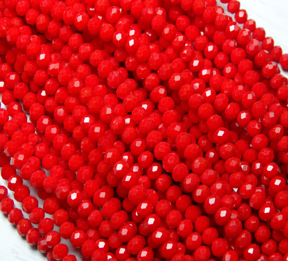 БН002НН34 Хрустальные бусины "рондель", цвет: ярко-красный непрозрачный, 3х4 мм, кол-во: 95-100 шт.