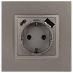 Розетка ЭРА Elegance 14-4108-16 2P+E 16A-250В со шторками с USB type-A+C 5В-3А титан