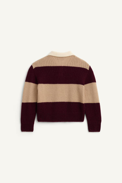 ZARA ВЯЗАНЫЙ СВИТЕР-ПОЛО, БОРДОВЫЙ/ЭКРЮ