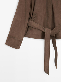 Massimo Dutti Замшевая куртка с ремнем, кротово-коричневый