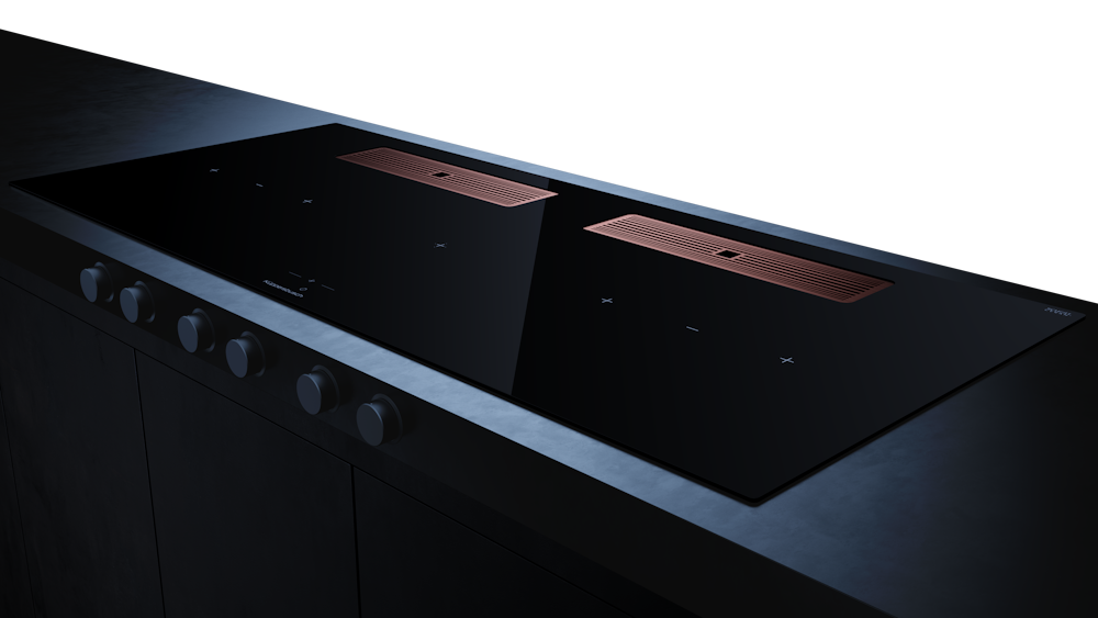 Индукционная варочная поверхность с вытяжкой Kuppersbusch с чёрными ручками KMI 12850.0 SR-S Copper
