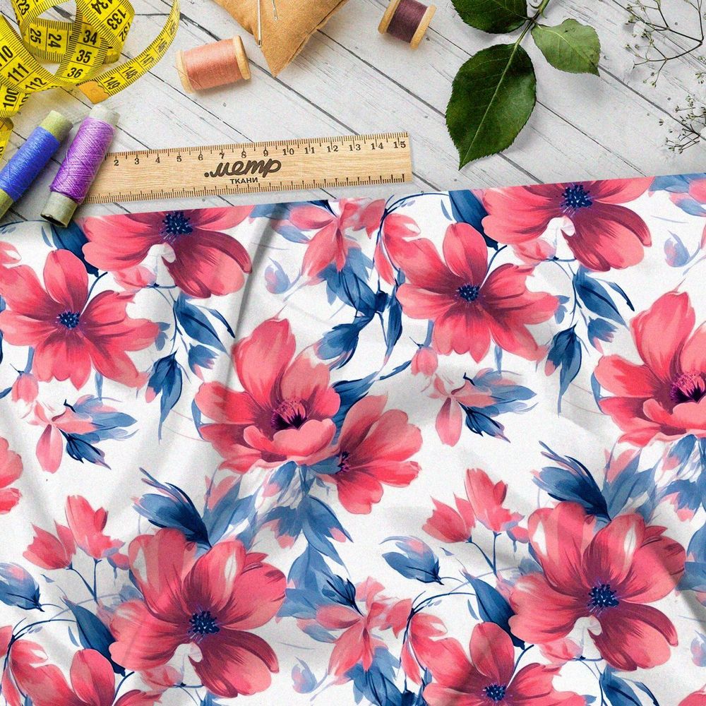 Ткань премиум таффета крупные цветы с голубыми листьями