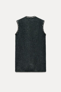 ZARA ТРИКОТАЖНЫЙ ЖИЛЕТ С ПАЙЕТКАМИ И ТЕСЬМОЙ, ТЕМНО-СЕРЫЙ
