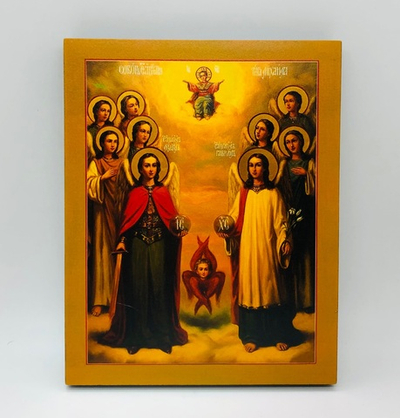 Собор Архангела Михаила, икона  на доске прямая печать по левкасу ручная работа, 13*16,5 см