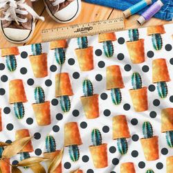 Ткань интерлок кактусы в горшках на белом в горошек фоне