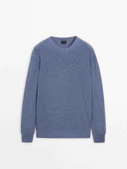 Massimo Dutti Свитер из хлопка букле с круглым вырезом, синий