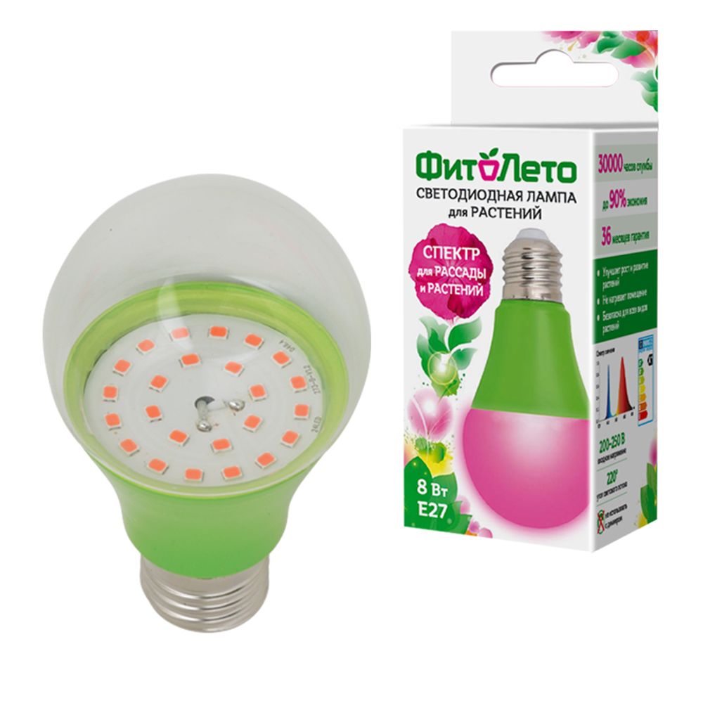 LED-A60-8W/SPSB/E27/CL PLP30GR Лампа светодиодная для растений. Форма A, прозрачная. Спектр для рассады и цветения. Картон. ТМ ФитоЛето