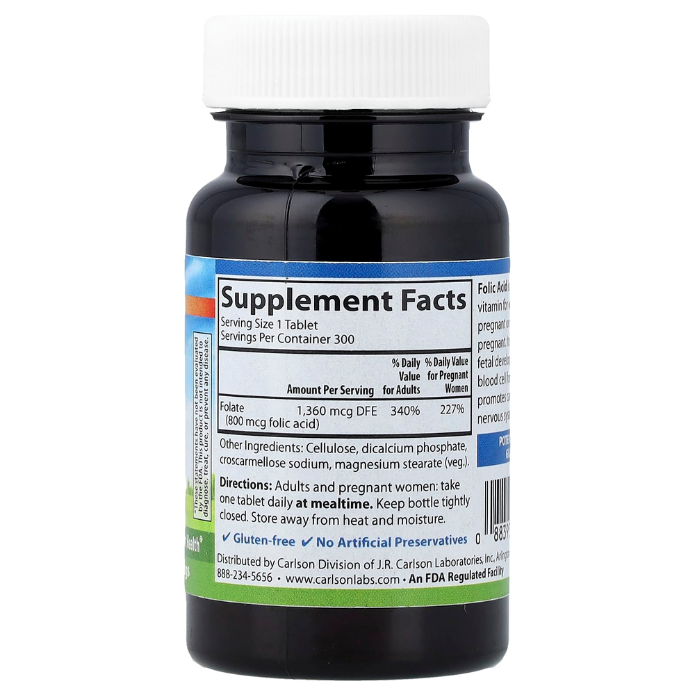 Carlson, Фолиевая кислота, 800 мкг, 300 вегетарианских таблеток