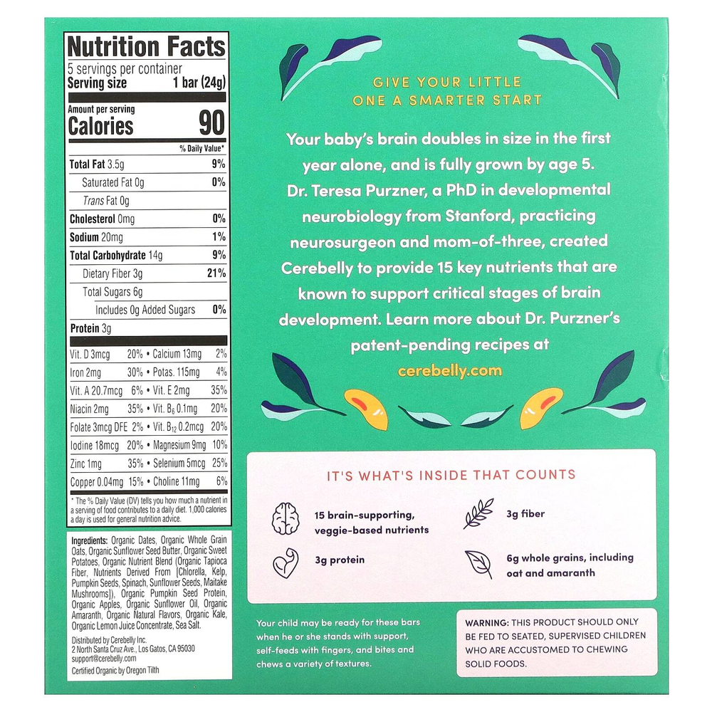 Cerebelly, Smart Bars, органические детские батончики, яблоко и кудрявая капуста, 5 батончиков по 24 г (0,84 унции)