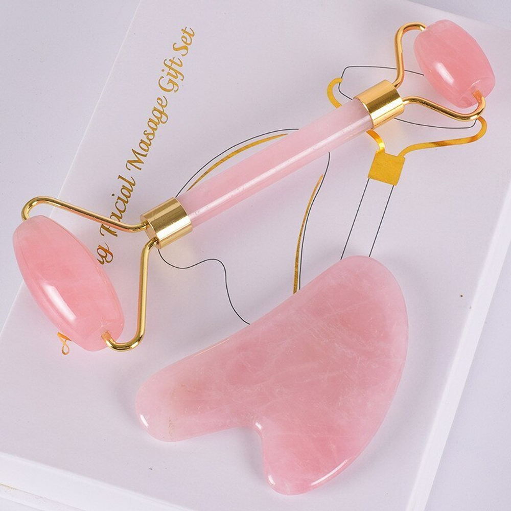 favorite.store Набор массажный роллер + гуаша из розового кварца, массажер для лица (Роллер и Гуаша)