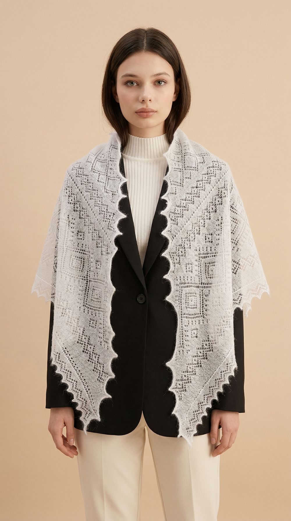 Оренбургский пуховый платок-косынка П3-130184-01 белый отбеленный