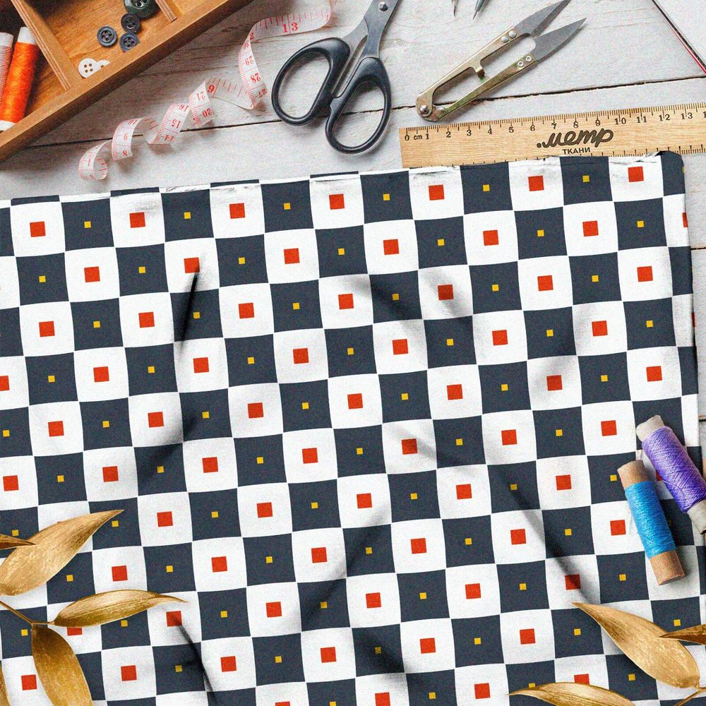 Ткань футер 2-х нитка шахматная доска с разноцветными квадратами