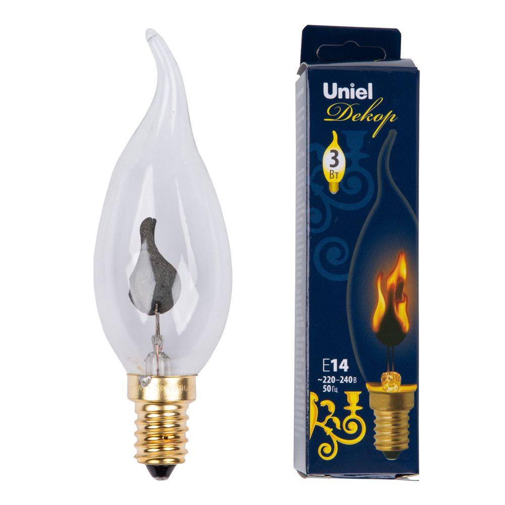 IL-N-CW35-3-RED-FLAME-E14-CL Лампа декоративная с типом свечения эффект пламени. Форма свеча на ветру. прозрачная. Картон. ТМ Uniel.