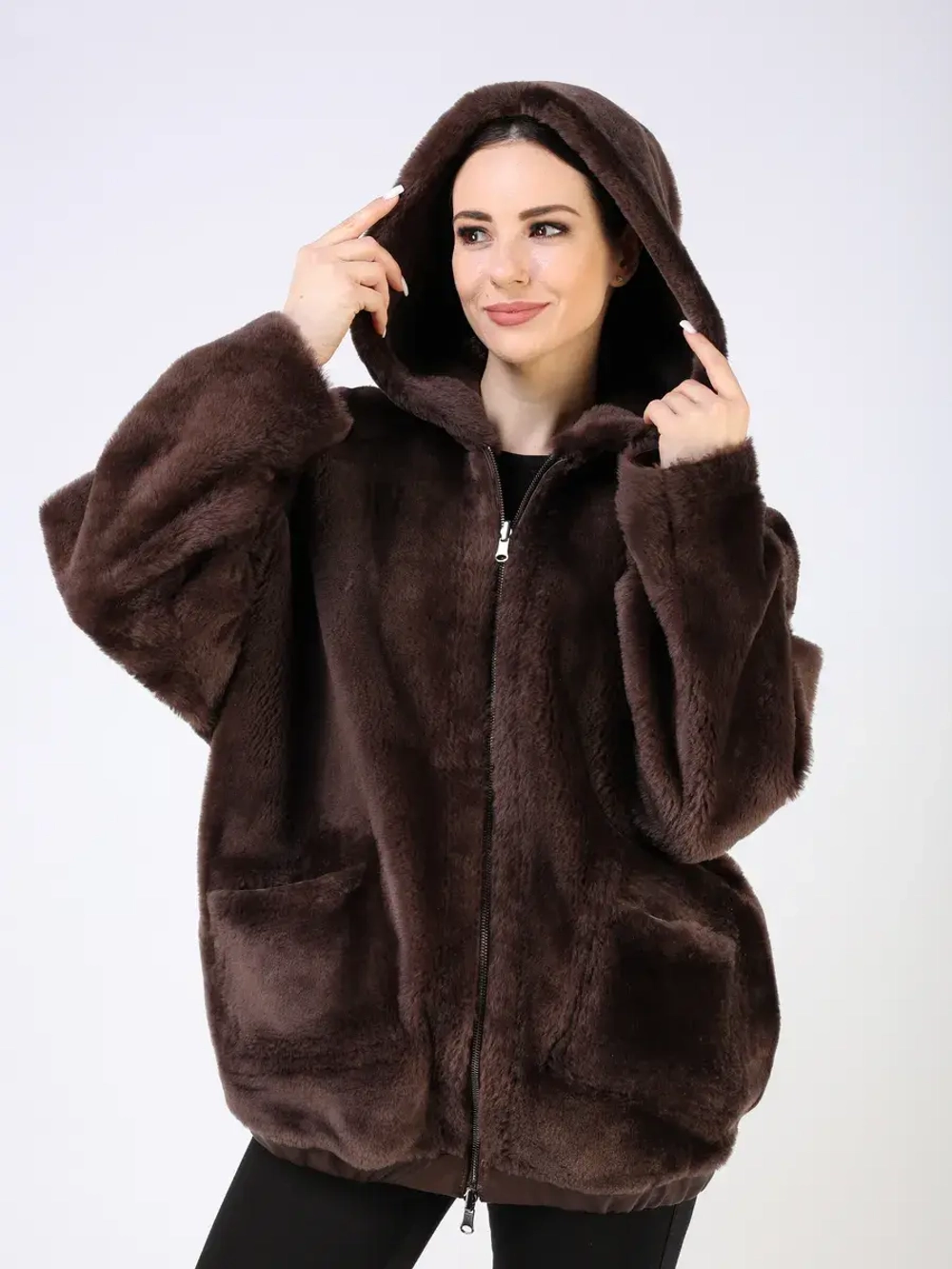 Дубленка зимняя двухсторонняя шуба с капюшоном