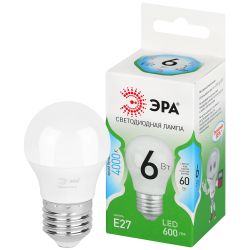 Лампа светодиодная ЭРА GREEN LINE LED P45-6W-840-E27 GL 6Вт шар яркий белый свет E27 | Лампы cветодиодные