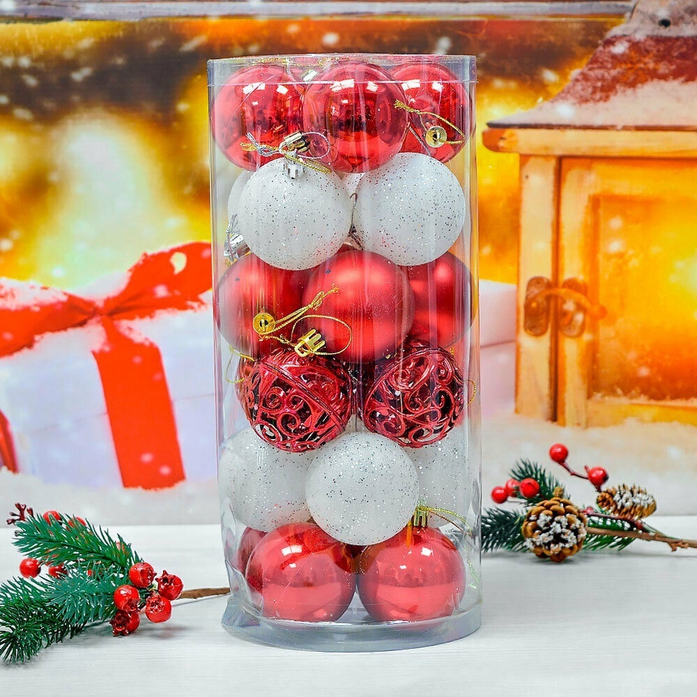 Шар новогодний 24шт 6см, цвет красный+белый, пластик