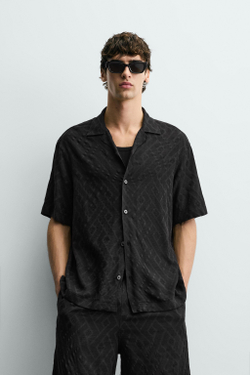 ZARА РУБАШКА JACQUARD С ГЕОМЕТРИЧЕСКИМ УЗОРОМ, ЧЕРНЫЙ