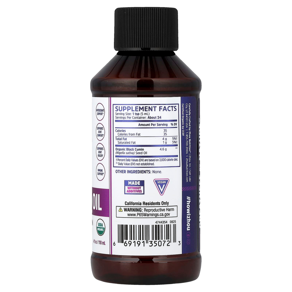 Zhou Nutrition, органическое масло черного тмина, 118 мл (4 жидк. унции)