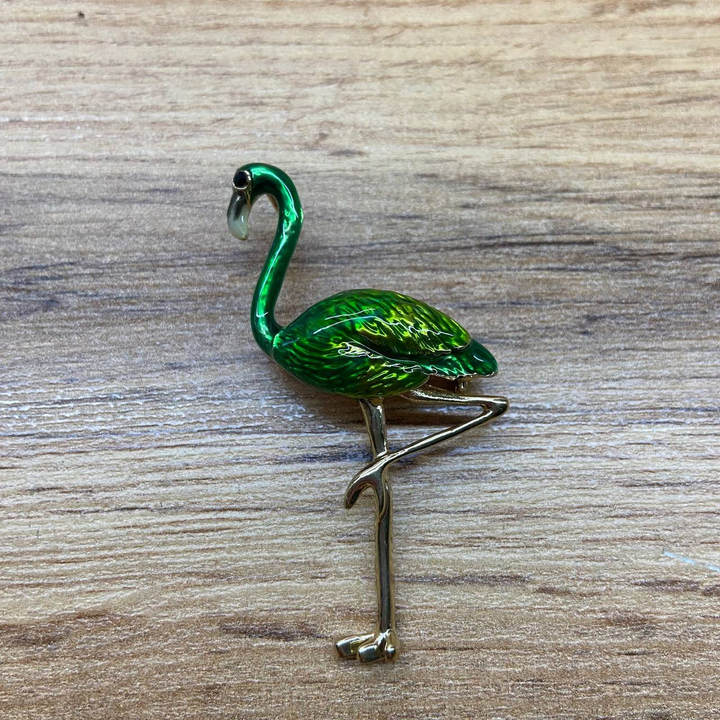 Брошь-кулон Фламинго эмаль зеленая салатовая металл золотистый