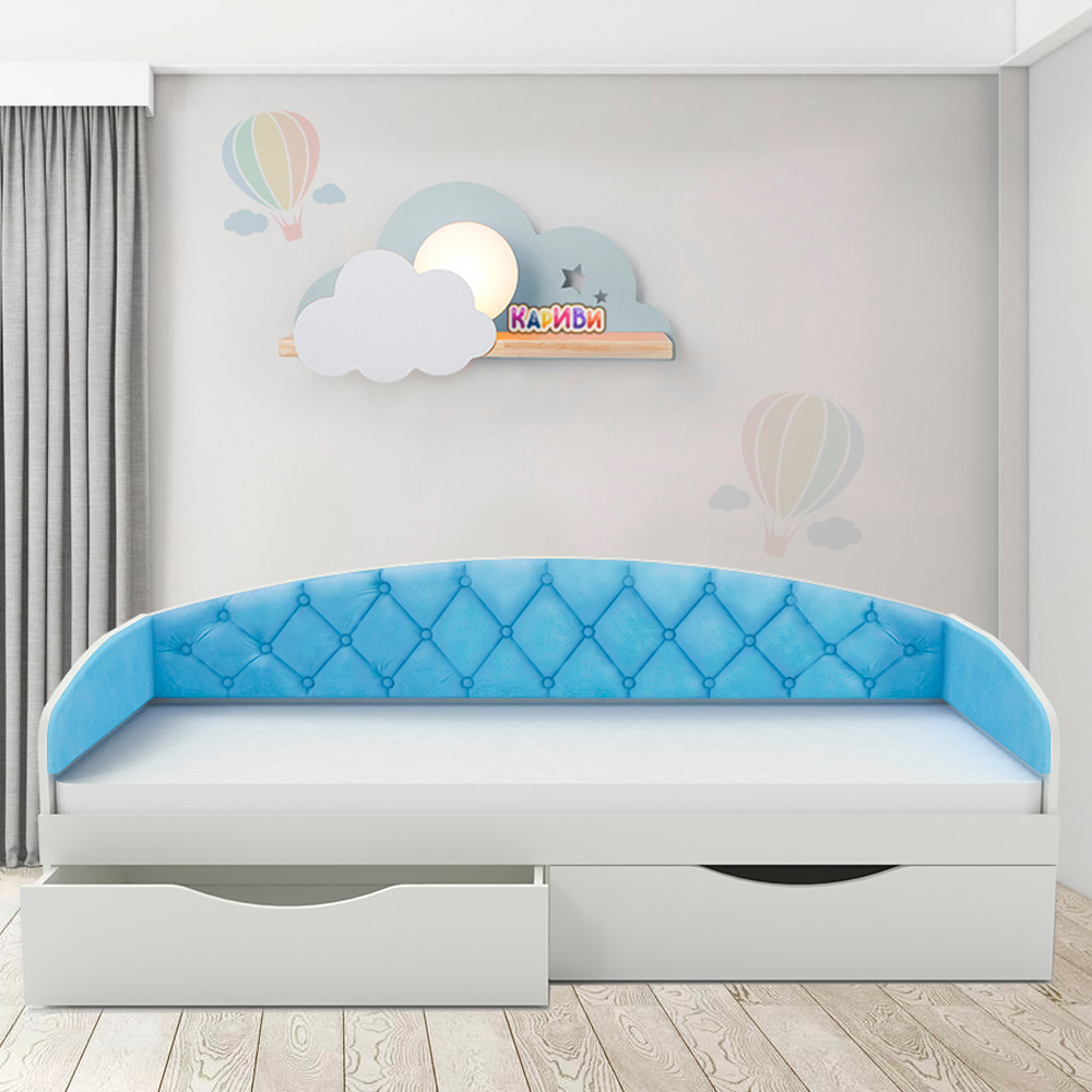 Кровать односпальная КарИВи Беллуччи с каретной стяжкой 80х190 Белый  Светло-синий, голубой