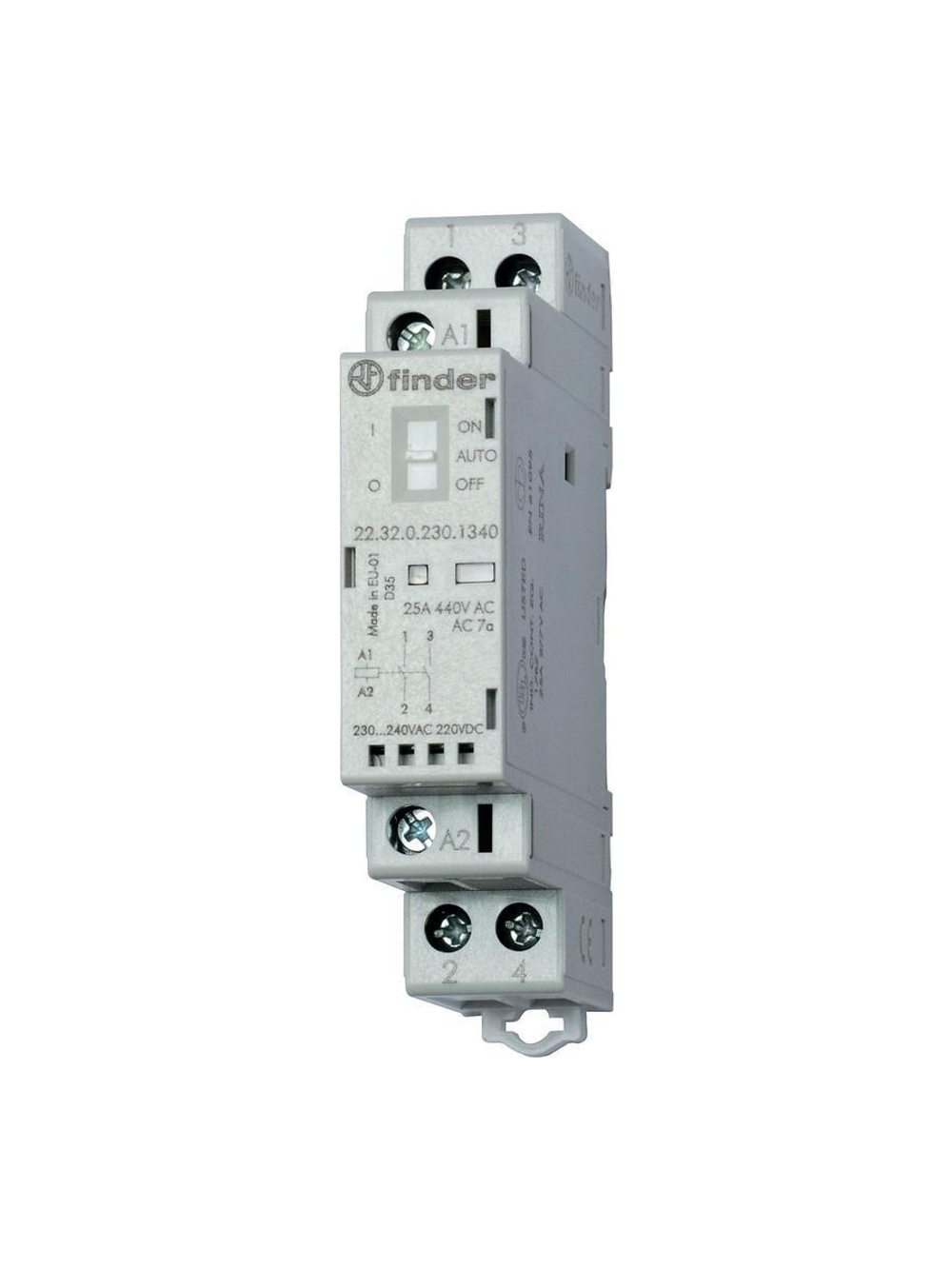 Контактор модульный 1NO + 1NC 25А AgSnO2 24В AC/DC 17.5мм IP20 опции: мех. индикатор + LED FINDER 223200244520