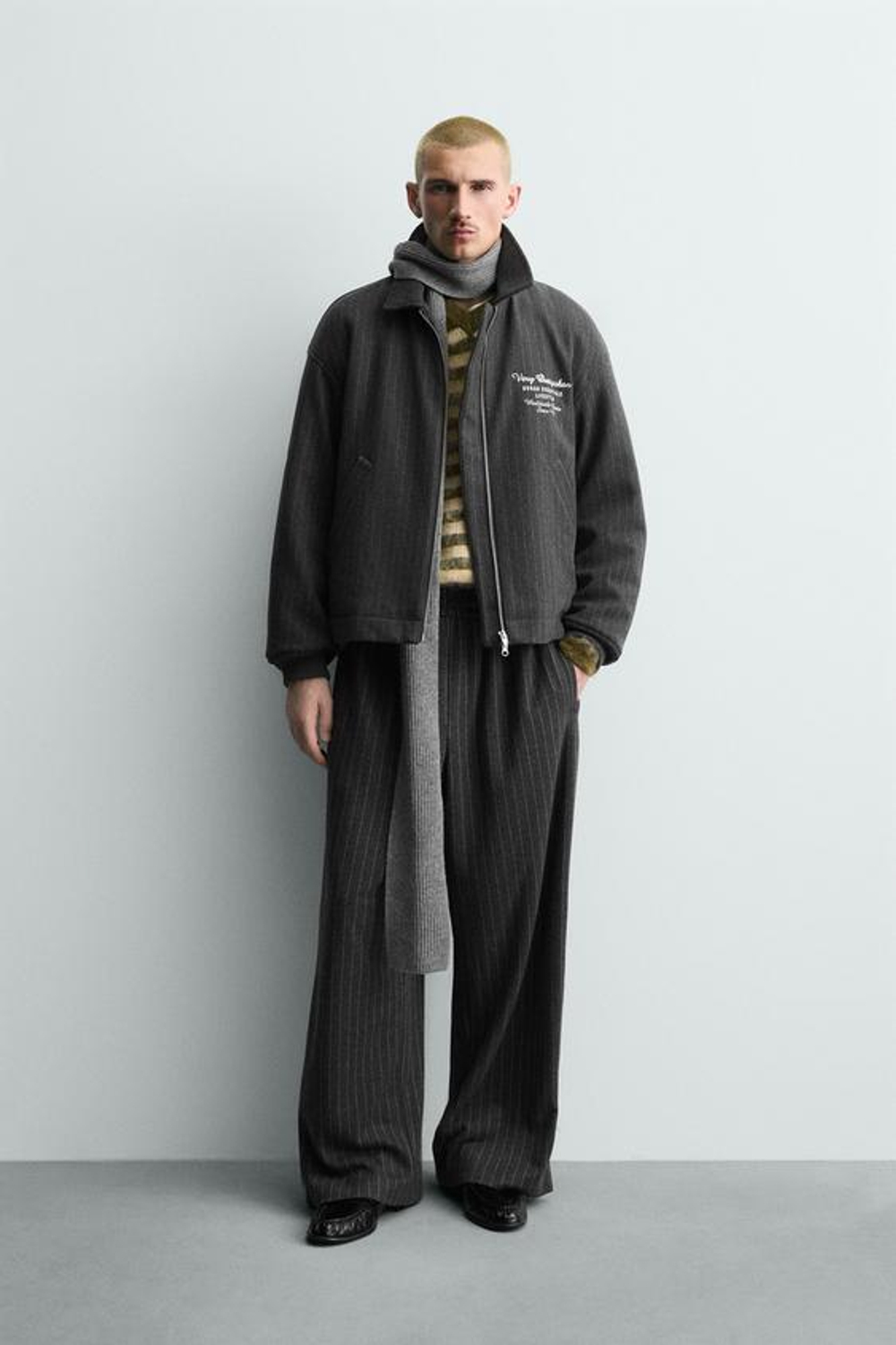 ZARA БРЮКИ BAGGY В ПОЛОСКУ, ТЕМНО-СЕРЫЙ