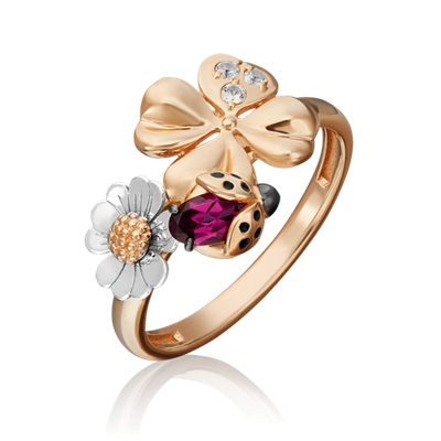 Кольцо «Драгоценный сад» (пожелание удачи) из комбинированного золота c гранатом, натуральными топазами white и эмалью Артикул: 01-5460-00-264-1111-76