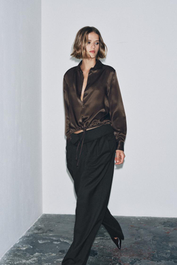 ZARA АТЛАСНАЯ БЛУЗА С ЛЕНТАМИ — ZW COLLECTION, КОРИЧНЕВЫЙ