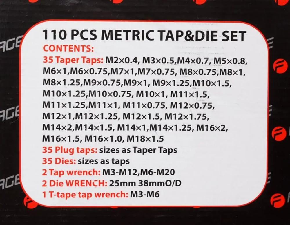 Набор метчик.и плашек110пр(2х0.4,3х0.5,4х0.7,5х0.8,6х0.75-1,8х0.75-1,25,9х0.75-1.25,10х0.75-1.5,11х0.75/1/1.25/1.5, 12х0.75-1.75,14х1-2,16х1-2,18х1.5) Forsage F-B110-1