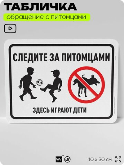 Табличка "Следите за питомцами, здесь играют дети" на дверь и забор, для двора, дома, подъезда, 40х30 см, Silver Plane x Айдентика Технолоджи