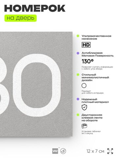 Номер на дверь 880, табличка на дверь для офиса, квартиры, кабинета, аудитории, склада, серая 120х70 мм, Айдентика Технолоджи