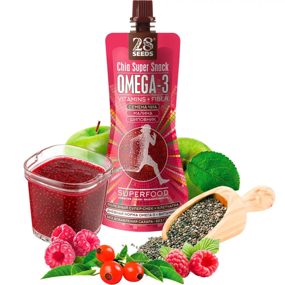 Супер-снек ЧИА ОМЕГА-3 «Малина + Шиповник» 150 г 28SEEDS — ягодный суперснек с семенами чиа, малиной, шиповником и Омега-3