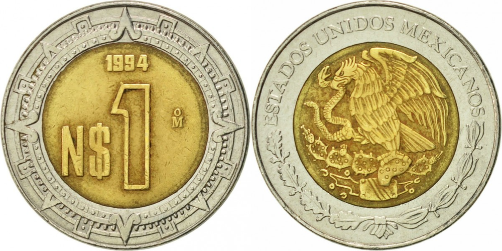 Мексика 1 новый песо, 1992 - 1995 Герб VF