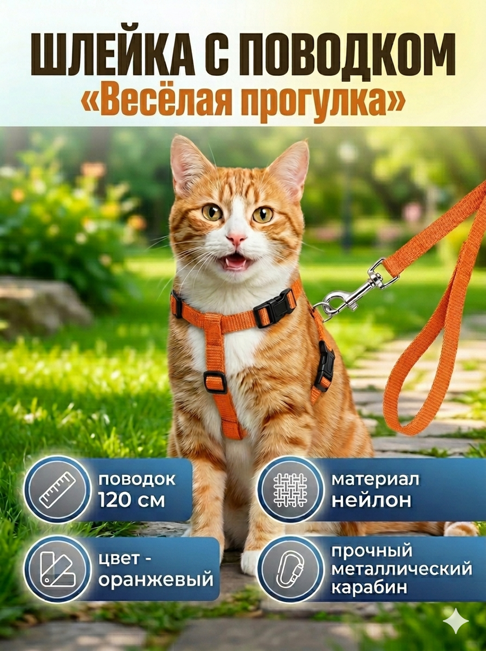 Шлейка с поводком «Веселая прогулка» 120см цвет оранжевый