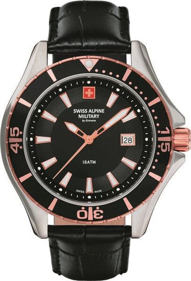 С ремешком Мужские наручные часы с черным кожаным ремешком Swiss Alpine Military 7040.1557 mens watch 44mm 10ATM