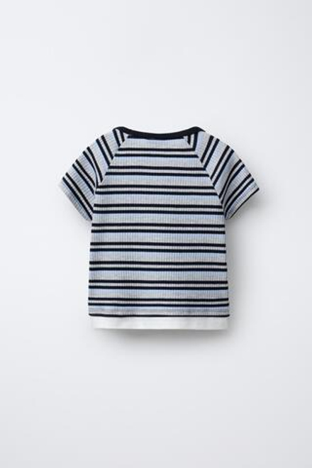 ZARA ФУТБОЛКА В ПОЛОСКУ С ДВОЙНЫМ НИЗОМ, СИНИЙ
